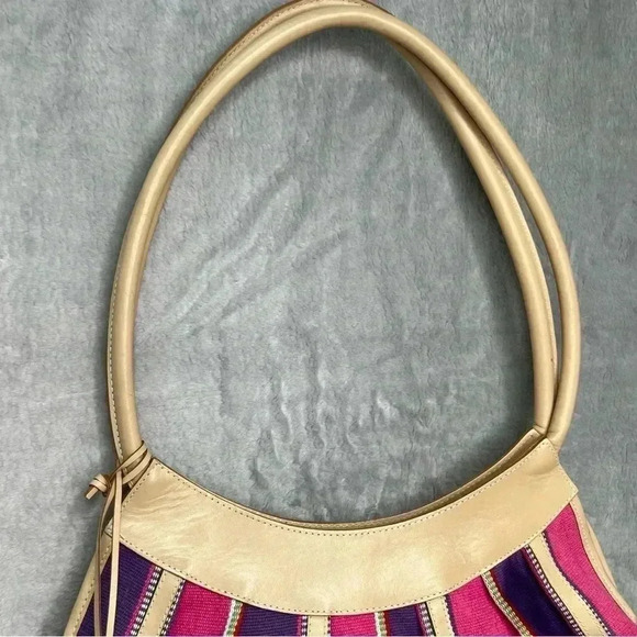 Sharif Marc & Marc Striped Beaded Floral Patch Large Leather/Canvas Tote Bag - Picture 10 of 15